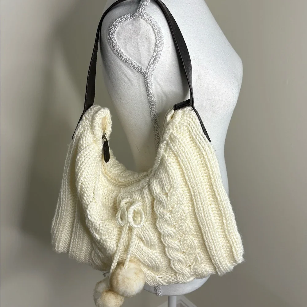 Cozy Knit Shoulder Bag in Cream With Pom Poms